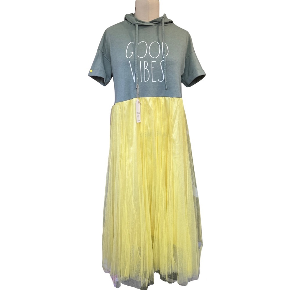 Upcycled by Me:  Good Vibes Hoodie Dress with Yellow Tulle Maxi Skirt